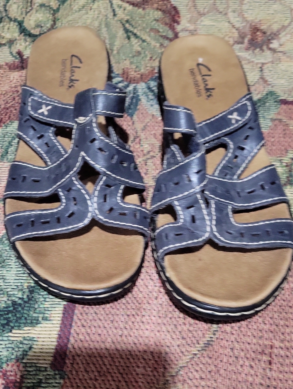 Clarks Navy Leather Slide Sandals with Stitch Detail